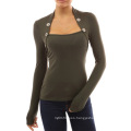 Women Long Sleeve Undershirt with Buttons Cotton Pure Color T Shirt